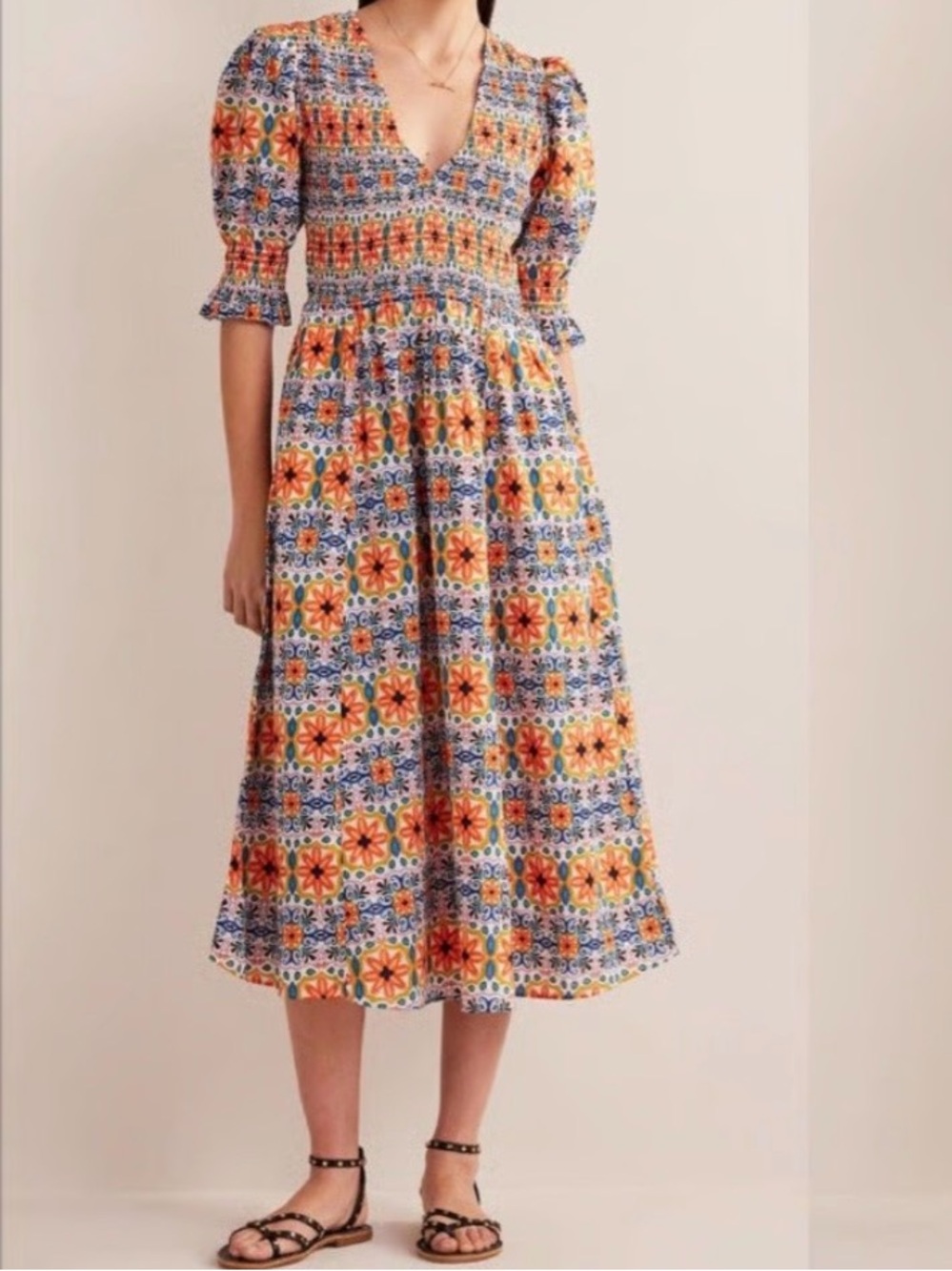 Boden Tapestry Smocked Bodice Puff Sleeve Midi Dress